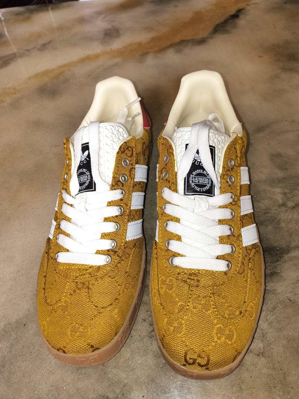 "Adidas" Mustard Yellow Women's Lace-Pattern Sneakers with White Stripes